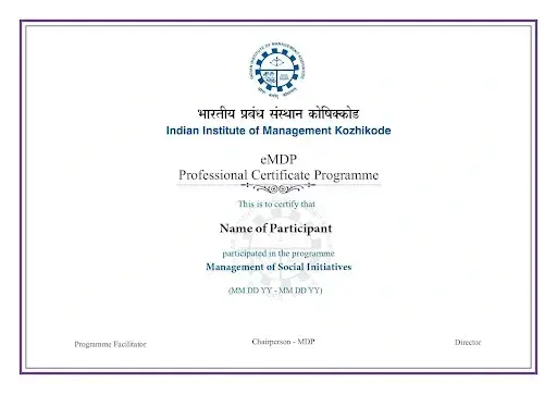 IIM Kozhikode Professional Certificate Programme in Management of Social Initiatives sample certificate