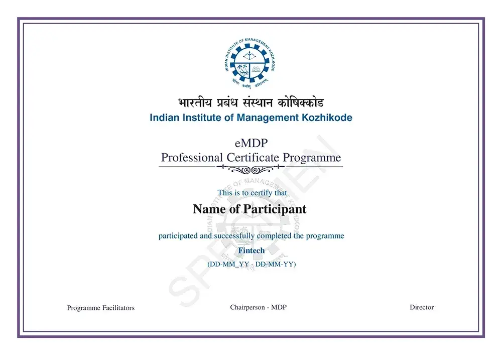 Professional Certificate Programme in Fintech sample certificate